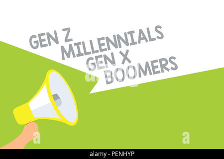 Segno di testo mostra Gen Z Millennial Gen X Boom. Foto concettuale delle differenze generazionali vecchi giovani megafono altoparlante fumetti imp Foto Stock