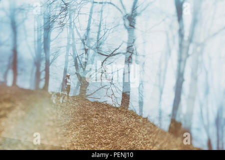 Donna con un cane in legno di faggio. Foto Stock