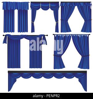 Set di lusso blu tende e drappeggi su sfondo bianco, realistici illustrazione vettoriale Illustrazione Vettoriale