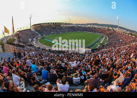 Salonicco, Grecia - 8 Agosto 2018: vista del stadio pieno dietro le ventole durante la UEFA Champions League terzo turno di qualificazione , tra PAOK vs Foto Stock