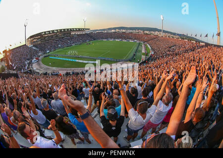 Salonicco, Grecia - 8 Agosto 2018: vista del stadio pieno dietro le ventole durante la UEFA Champions League terzo turno di qualificazione , tra PAOK vs Foto Stock