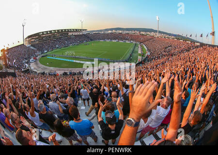 Salonicco, Grecia - 8 Agosto 2018: vista del stadio pieno dietro le ventole durante la UEFA Champions League terzo turno di qualificazione , tra PAOK vs Foto Stock