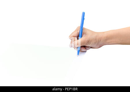 Donna d'affari in mano la penna con la firma di un accordo contrattuale di forma isolata. Foto Stock