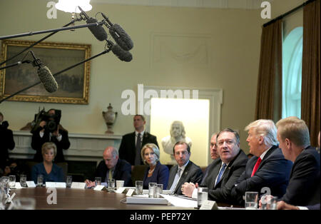 Il Presidente degli Stati Uniti, Donald J.Trump e il Segretario di Stato americano Mike Pompeo parlare durante una riunione del gabinetto nel Cabinet Room della casa bianca il 16 agosto 2018 a Washington, DC. Nella foto da sinistra a destra: Amministratore della Small Business Administration Linda McMahon; Direttore della National Intelligence Dan Coats; segretario di Stato americano per l'istruzione Betsy DeVos; segretario di Stato americano per la salute e i servizi umani, Alex Azar; noi Segretario degli Interni Ryan Zinke; il Segretario di Stato americano Mike Pompeo; il Presidente; e noi Vice Segretario della Difesa Patrick M. Shanahan. Credito: Oliver Contreras/piscina v Foto Stock