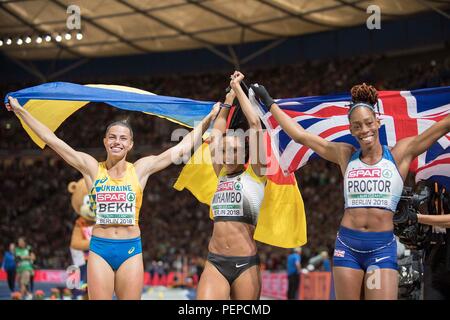 Da sinistra a destra Maryna BEKH (UKR/2° posto), vincitore Malaika MIHAMBO, in Germania, in primo luogo, Shara PROCTOR (GBR/3° posto). Finale di salto in lungo delle donne su 11.08.2018 Campionato Europeo di Atletica 2018 a Berlino/Germania Da 06.08. - 12.08.2018. | Utilizzo di tutto il mondo Foto Stock