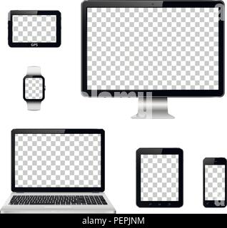 Set di realistico sul monitor di un computer, laptop, tablet, telefono cellulare, smart watch e il sistema di navigazione GPS dispositivo con schermo trasparente Illustrazione Vettoriale