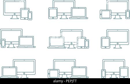 Set di vettore di delineare le icone del dispositivo. Monitor, laptop, tablet pc e smartphone. Illustrazione Vettoriale