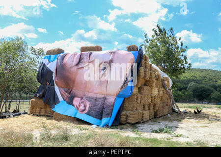 Il presidente turco Erdogan il poster è coperto su balle di fieno. Istanbul, Turchia. Agosto 15, 2018. Facce Erdogan della Turchia economia travagliata. Foto Stock