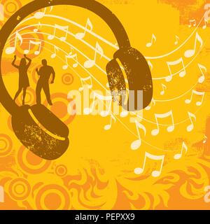 Insegna musica. Silhouette coppia danzante su una cuffia nella parte anteriore di un vortice di note musicali con vari elementi di design su uno sfondo a trama. Illustrazione Vettoriale