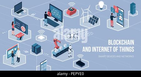 Persone che utilizzano interfacce touch screen, augmented reality e dispositivi IOT: blockchain delle cose e il concetto di reti Illustrazione Vettoriale