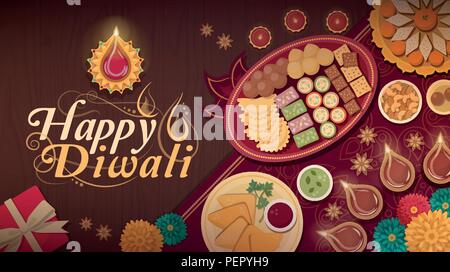Celebrazione Diwali a casa con cibi tradizionali e lampade Illustrazione Vettoriale
