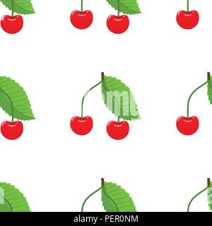 Carino ciliegia modello senza soluzione di continuità con la superficie piana e solida stile di colore. Buona per i tessili, il confezionamento, sfondi, ecc. Illustrazione Vettoriale con sfondo bianco. Illustrazione Vettoriale