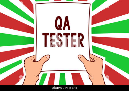 La scrittura della nota mostra Qa Tester. Business photo vetrina per la garanzia di qualità di un progetto in corso prima di attuazione uomo azienda importante della carta m Foto Stock