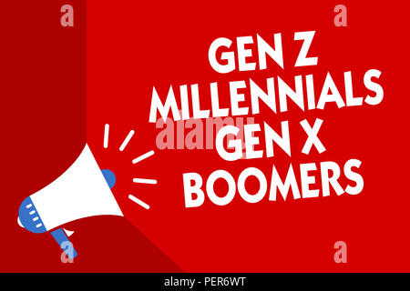 Conceptual la scrittura a mano che mostra Gen Z Millennial Gen X Boom. Business photo mostrare le differenze generazionali vecchi giovani megafono rosso bac Foto Stock