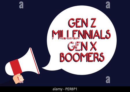 La scrittura della nota mostra Gen Z Millennial Gen X Boom. Business photo mostrare le differenze generazionali vecchi giovani uomo azienda megafono altop Foto Stock