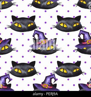 Halloween acquerello seamless pattern. I gatti neri in cappelli Foto Stock