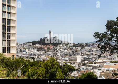 Una vista del famoso Coit Tower da Russian Hill, con molti lussuoso condominio Torri si trova a San Francisco, California, Stati Uniti d'America Foto Stock