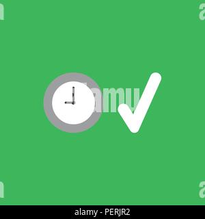 Piatto icona vettore concetto di orologio con il segno di spunta su sfondo verde. Illustrazione Vettoriale