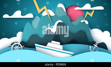 Carta cartone animato paesaggio. Mare, montagna, nave illustrazione. Illustrazione Vettoriale