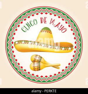 Cinco de Mayo emblema - sombrero messicano e maracas Illustrazione Vettoriale