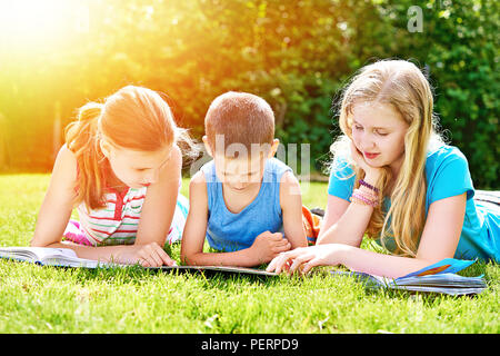Amici leggere libri outdoori sull'erba nel giorno di estate Foto Stock