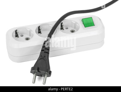 Bianco elettrico splitter con verde di commutazione per la commutazione simultanea di diversi apparecchi elettrici isolati su sfondo bianco Foto Stock