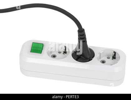 Bianco elettrico splitter con verde di commutazione per la commutazione simultanea di diversi apparecchi elettrici isolati su sfondo bianco Foto Stock