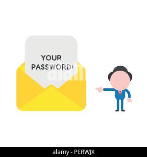Illustrazione Vettoriale nozione di imprenditore carattere aperto di puntamento icona a forma di busta e scrivere la password su carta. Illustrazione Vettoriale