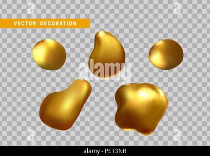 Pepite d'oro isolata su uno sfondo trasparente. La forma di gocce di liquido con colore gradiente dorato. Abstract 3d fluido giallo. Illustrazione Vettoriale