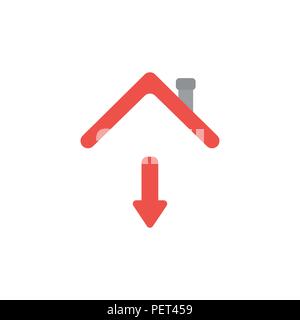 Illustrazione Vettoriale nozione di freccia rossa si sta spostando verso il basso sotto il tetto della casa e la relativa icona. Illustrazione Vettoriale