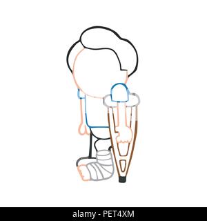 Vector disegnati a mano cartoon illustrazione dell'uomo in piedi con la gamba in pressofusione AZIENDA stampelle. Illustrazione Vettoriale