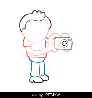 Vector disegnati a mano cartoon illustrazione del fotografo man standing riprese con la fotocamera. Illustrazione Vettoriale