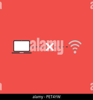 Piatto icona vettore concetto di errore di connessione, computer portatile, x mark e simbolo di wifi su sfondo rosso. Illustrazione Vettoriale