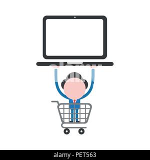 Illustrazione Vettoriale imprenditore carattere all'interno di carrello e tenendo su computer laptop. Illustrazione Vettoriale