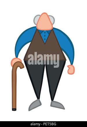 Illustrazione Vettoriale cartoon vecchio uomo in piedi in legno con un bastone. Illustrazione Vettoriale