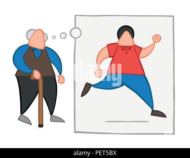 Illustrazione Vettoriale cartoon vecchio uomo a camminare con legno bastone e sognare o pensare la sua giovinezza e in esecuzione con bolle di pensiero. Illustrazione Vettoriale
