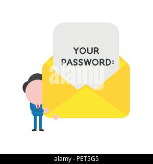 Illustrazione Vettoriale carattere imprenditore tenendo aperta la busta di posta elettronica con la tua password scritte su carta. Illustrazione Vettoriale