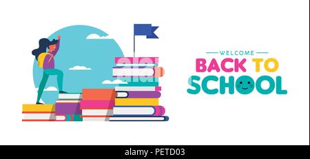 Si torna a scuola banner illustrazione di capretto libro di arrampicata montagna. Istruzione sfida concetto con felice ragazza di raggiungere lo studio obiettivo. EPS10 vettore. Illustrazione Vettoriale