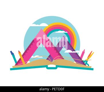 Libro aperto con paesaggio di montagna fatta di squadra righello e matite. Math geometria argomento attrezzatura sul cielo arcobaleno per l apprendimento scolastico concetto. EPS10 Illustrazione Vettoriale