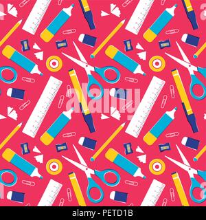 Forniture scolastiche seamless pattern e colorati di apparecchiature della classe di sfondo o uno spazio ufficio strumenti. Include una matita, righello eraser, clip di carta e più. Illustrazione Vettoriale