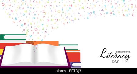 Alfabetizzazione Mondiale giorno illustrazione scheda di coloratissimi libri scolastici per bambini educazione e lettere dell'alfabeto. EPS10 vettore. Illustrazione Vettoriale