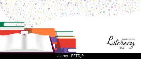 Alfabetizzazione Mondiale giorno banner web immagine di coloratissimi libri scolastici per bambini educazione e lettere dell'alfabeto. EPS10 vettore. Illustrazione Vettoriale