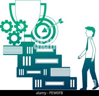 Imprenditore salite le scale di libri con ingranaggi trofeo bersaglio Illustrazione Vettoriale