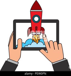 Mani con dispositivo tablet e il razzo di avvio Illustrazione Vettoriale