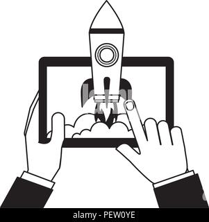 Mani con dispositivo tablet e il razzo di avvio Illustrazione Vettoriale