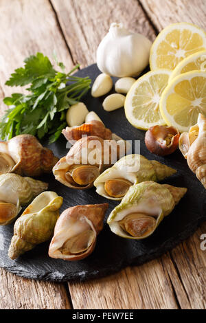 Cucina francese: materie lumache marine, Buccino close-up e gli ingredienti su una scheda di ardesia sul piano verticale. Foto Stock