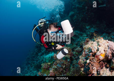 Un subacqueo le riprese di una reflex digitale di linee su una barriera corallina indonesiana. Il subacqueo è il modello rilasciato. Foto Stock