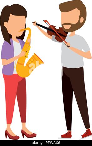 Donna suonare il sassofono e l'uomo gioca violino Illustrazione Vettoriale