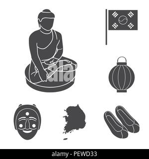 Paese Corea del Sud icone nere in set di raccolta per design.Travel e vettore di attrazione simbolo illustrazione stock. Illustrazione Vettoriale