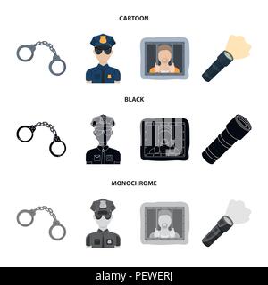 Manette, poliziotto, prigioniero, torcia elettrica.La polizia set di icone di raccolta in cartoon,Black,monocromatico vettore stile simbolo illustrazione stock . Illustrazione Vettoriale